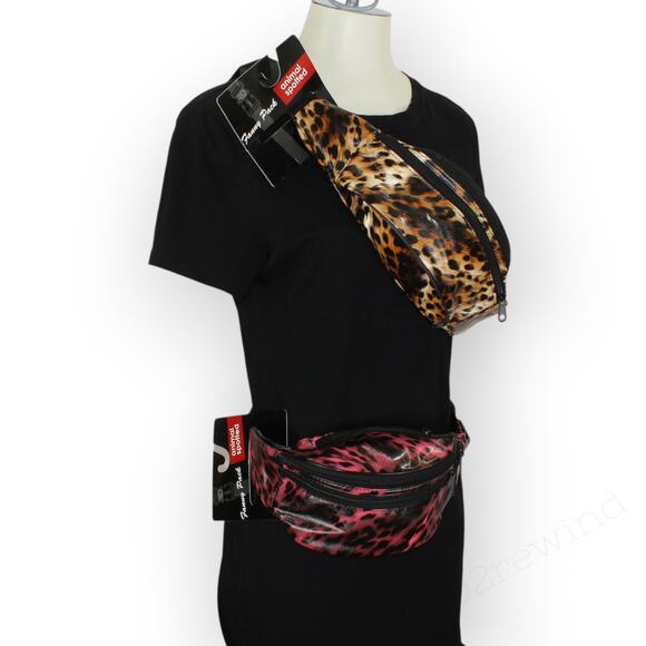 2 New 80s Animal Print FannyPack BeltBag Textured Vinyl Pockets Waisties - Picture 9 of 9